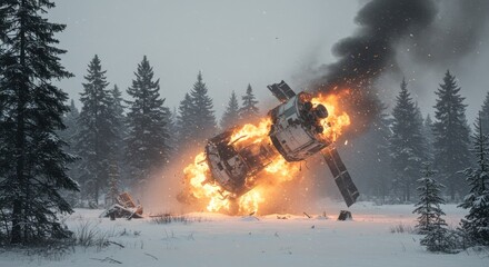 Fiery aftermath of satellite collision amidst snowy woodland scenery a dramatic technological