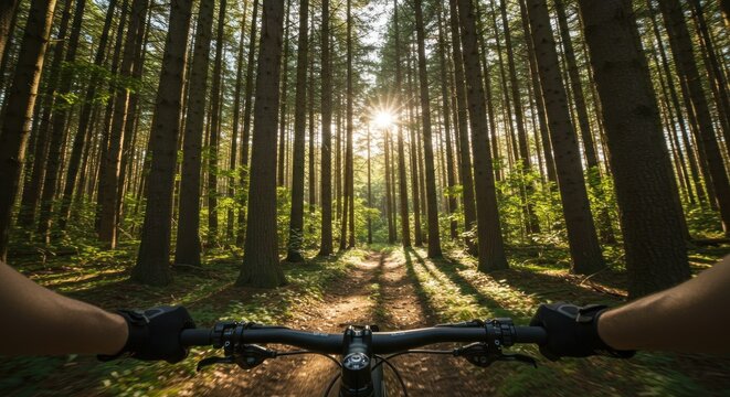 Experience the thrill of mountain biking through a sun dappled forest path adventure