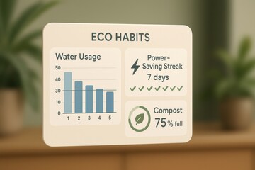 Eco Habits Dashboard Displaying Water Usage Bar Chart, Power Saving Streak, and Compost Fill Status in Green Interface
