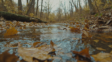 Obraz premium Autumn stream, fallen leaves floating on shallow, clear water