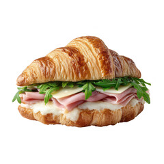 Delicious Croissant Sandwich with Ham, Cheese and Arugula Isolated
