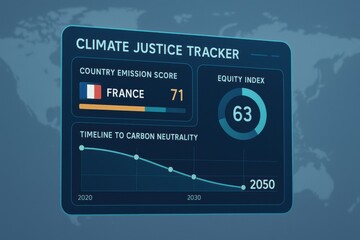 Climate Justice Tracker Displaying Emission Score by Country, Equity Index Ring, and Timeline to Carbon Neutrality
