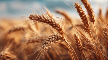 High quality photo of close up view of golden wheat ears in a sunlit field during harvest season, showcasing nature&#x27;s bounty.
