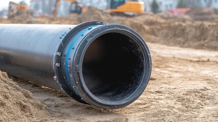 High quality photo of close-up of a large industrial plastic polypropylene water pipe at a construction site for laying water pipes, construction and reconstruction of buildings and.