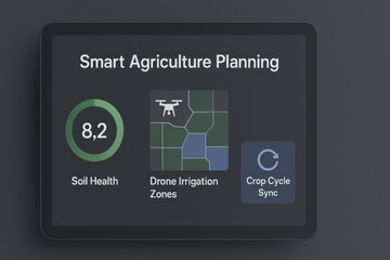Smart Agriculture Planning Interface Showing Soil Health Score, Drone Irrigation Zones, and Crop Cycle Synchronization
