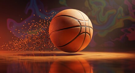 Obraz premium Orange Basketball Levitating with Abstract Background and Reflective Floor