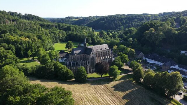 Altenberg Cathedral, aerial drone video. The Altenberger Dom or Bergischer Dom is the former abbey church of Altenberg Abbey