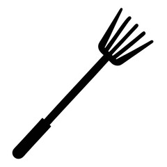 Simple black silhouette of a garden rake with a sturdy wooden handle isolated on a white background