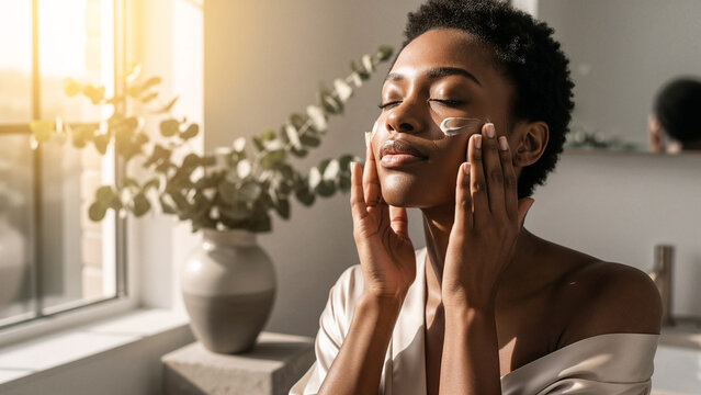 Young woman applying facial moisturizer in bright bathroom, relaxed skincare routine enhancing natural beauty, morning self-care ritual concept