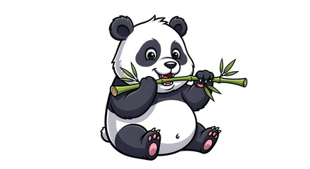 Naklejka premium Cartoon Panda Eating Green Bamboo Shoot, Cute Illustration on White
