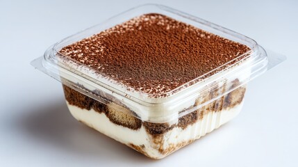 Delicious tiramisu dessert in a clear container, showcasing layers of cream and cocoa powder