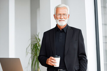 A confident elderly man with white hair and beard, dressed in a black suit, stands indoors holding a coffee cup, smiling softly.