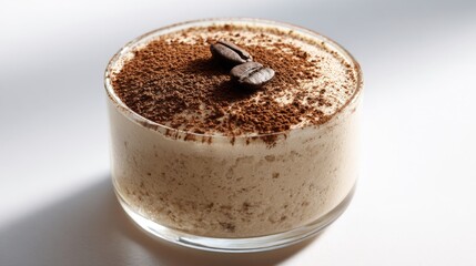 Creamy dessert topped with coffee beans, illuminated by soft light, on a simple surface