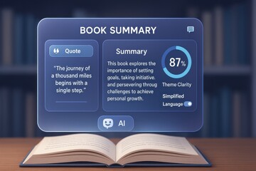 AI Book Summary Interface Displaying Motivational Quote, Theme Clarity Meter, and Simplified Language Toggle on Open Book
