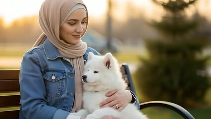 Muslim woman cuddles Samoyed puppy on park bench, enjoying sunset.  Friendship, pet care, cultural diversity scenes. Ideal for heartwarming family, animal lover ads, lifestyle content.