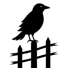 Elegant black silhouette of a bird resting on a rustic wooden fence