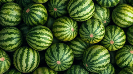 Freshly harvested watermelons displayed at a local market during summer season