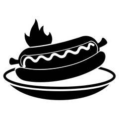 Simple black silhouette of a classic hot dog presented on a clean white plate