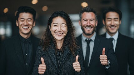 Several Diverse Business Professionals Smiling and Thumbs Up in Office, Exuding Confidence and Joy. Neutral Background.