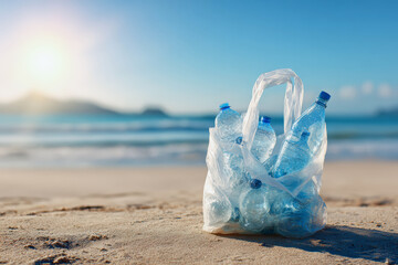 Bag full of plastic bottles collected during beach cleanup