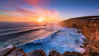 a vibrant sunrise over a coastal cliff with waves crashing below and the sky illuminated in soft pastel colors