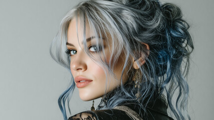 Close up white and blue color hair ombre , beautiful model.