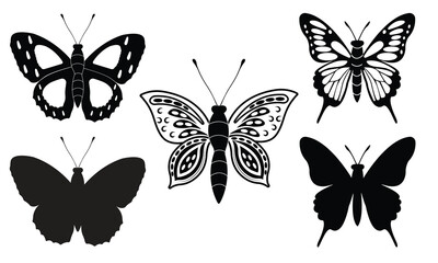 Collection of butterflies silhouettes in various poses. Isolated on a white background, ideal for logos, tattoo designs, educational materials, and creative graphic projects.