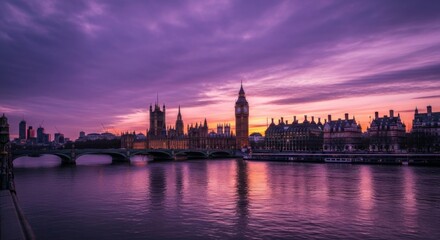 Obraz premium Iconic London Skyline at Dusk with Big Ben and River Thames