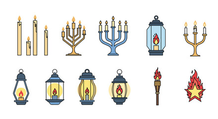 Fototapeta premium Collection of lighting devices featuring flames and candles for religious and festive celebrations