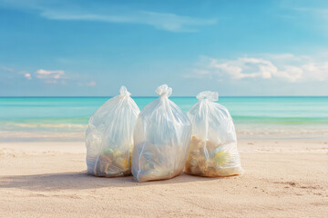 Ecological concept with bags full of beach trash, focusing on pollution and recycling
