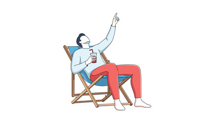 Fototapeta premium A person relaxing in a deck chair with a drink enjoying a sunny day pointing upwards with a smile