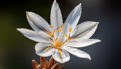 Fototapeta premium a close up photo of a white asphodelus albus flower with delicate petals and a sun kissed center
