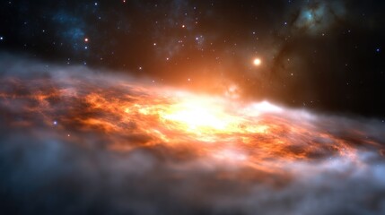 A vibrant, swirling galaxy with a brilliant core.  Vast space dotted with stars