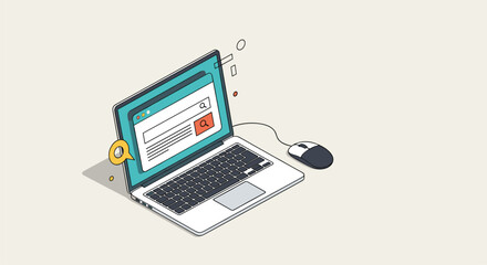 Computer security password login process illustration with a magnifying glass checking the data entry on the screen