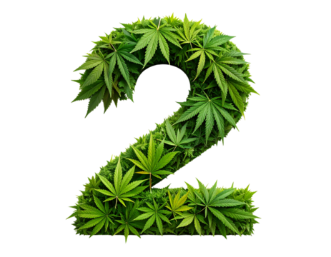 Number 2 Created with Overlapping Cannabis Leaves in Natural Green Shades, isolated on transparent background