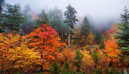 a misty forest scene featuring vibrant autumn foliage in shades of red orange and yellow amidst dark green coniferous trees