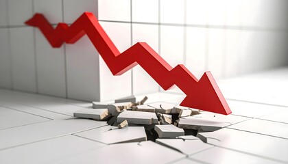 Red arrow crashing down through floor tiles, symbolizing stock market crash. Minimal design with clean light-toned top half for overlay or title use.