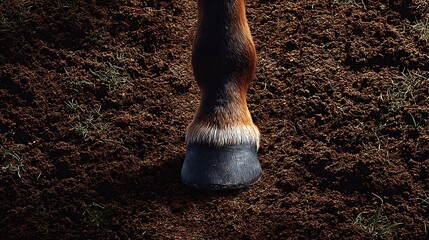 A close-up shows a horse's leg from above the ankle with the hoof resting on soil some grass too.