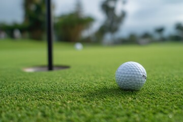 Fototapeta premium Close-up of a white golf ball near a hole on lush green grass, with a black flagstick in the background 
