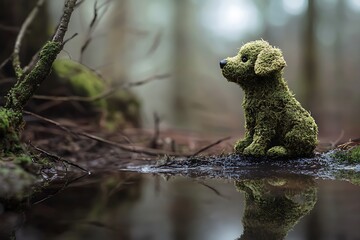 Obraz premium Moss Covered Dog Sculpture Reflecting in Forest Pool, Serene Natural Scene, Mossy Habitat