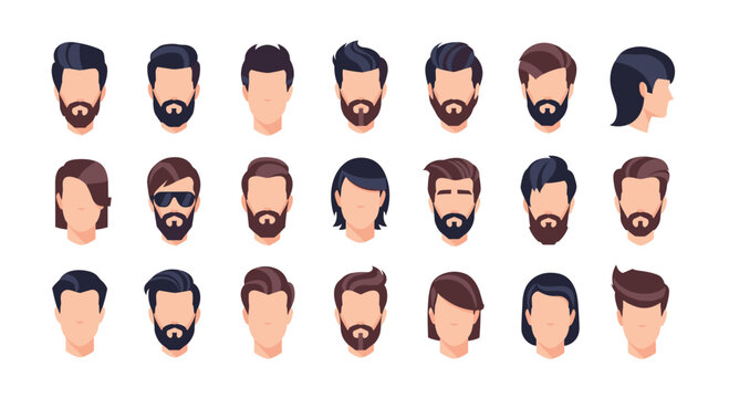 Collection of diverse modern hairstyles and facial hair styles for men and women featuring various trendy haircuts and beard designs