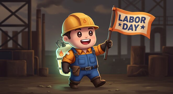 A cheerful cartoon construction worker, celebrating Labor Day with a flag.