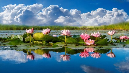 beautiful lotus flowers bloom gracefully on a still water surface surrounded by lush green leaves and reflecting a serene blue sky with soft clouds
