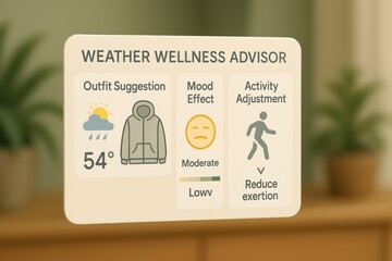 Weather Wellness Advisor Interface Showing Outfit Suggestion, Mood Impact Indicator, and Physical Activity Adjustment Tip

