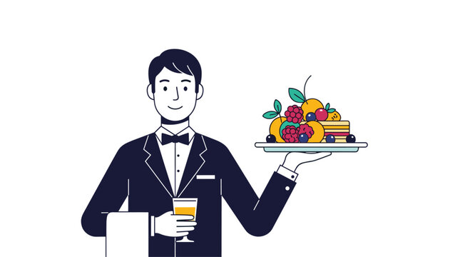Professional waiter serving delicious dessert platter with refreshing beverage promoting fine dining experience and excellent customer service excellence