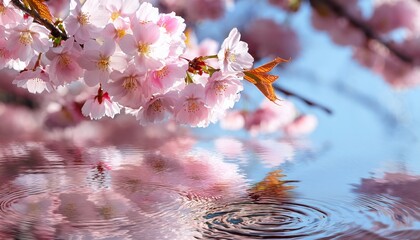 cherry blossoms bloom gently on water with raindrops reflecting their delicate beauty in springtime