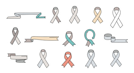 Fototapeta premium Collection of various styles and colors of awareness ribbons and decorative banners for campaigns and support initiatives