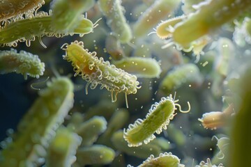 Fototapeta premium Microscopic view of helicobacter pylori bacteria colonizing human stomach, causing ulcers and gastritis