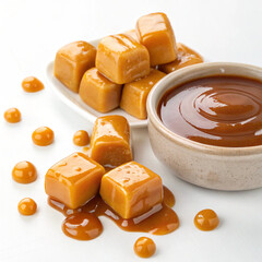 An appetizing close-up of chewy caramel pieces with a thick, syrupy caramel drizzle.