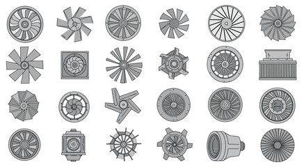 A comprehensive collection of industrial fan and blower component designs featuring various blade configurations and housing styles for mechanical engineering applications